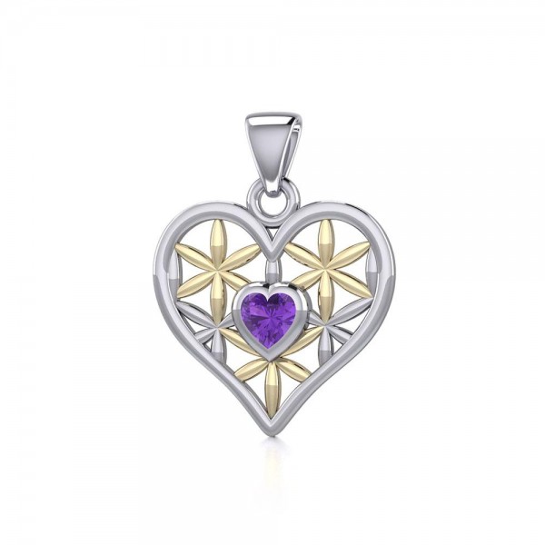 Silver and Gold Geometric Heart Flower of Life Pendant with Gemstone