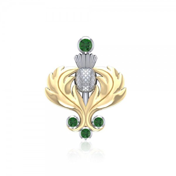 A noble elegance ~ Sterling Silver Scottish Thistle Pendant Jewelry in 18k Gold accent and Gemstones