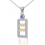 Aquarius Zodiac Sign Silver and Gold Pendant with Amethyst and Chain Jewelry Set