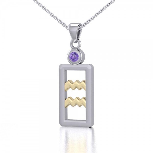 Aquarius Zodiac Sign Silver and Gold Pendant with Amethyst and Chain Jewelry Set