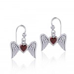 Gemstone Heart and Flying Angel Wings Silver Earrings