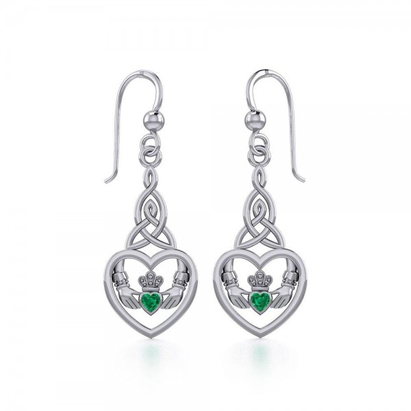 Heart Claddagh with Celtic Trinity Knot Silver Earrings with Gemstone