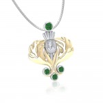 A noble elegance ~ Sterling Silver Scottish Thistle Pendant Jewelry in 18k Gold accent and Gemstones