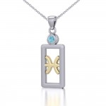 Pisces Zodiac Sign Silver and Gold Pendant with Aquamarine and Chain Jewelry Set