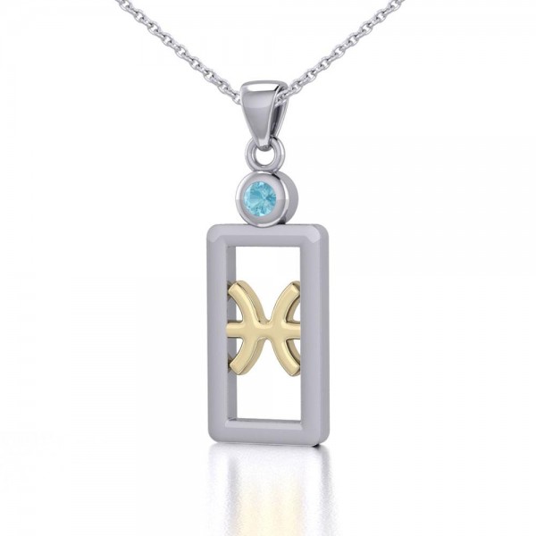 Pisces Zodiac Sign Silver and Gold Pendant with Aquamarine and Chain Jewelry Set