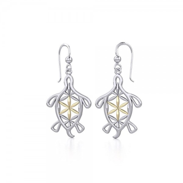 Turtle with Flower of Life Shell Silver and Gold Earrings