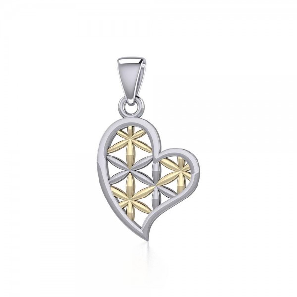 Cœur d’argent et d’or avec pendentif Fleur de Vie