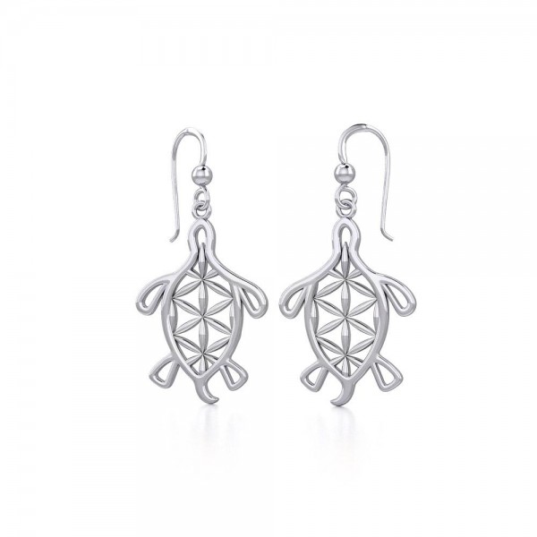 Turtle with Flower of Life Shell Silver Earrings