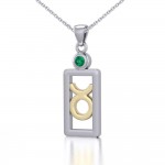 Taurus Zodiac Sign Silver and Gold Pendant with Emerald and Chain Jewelry Set
