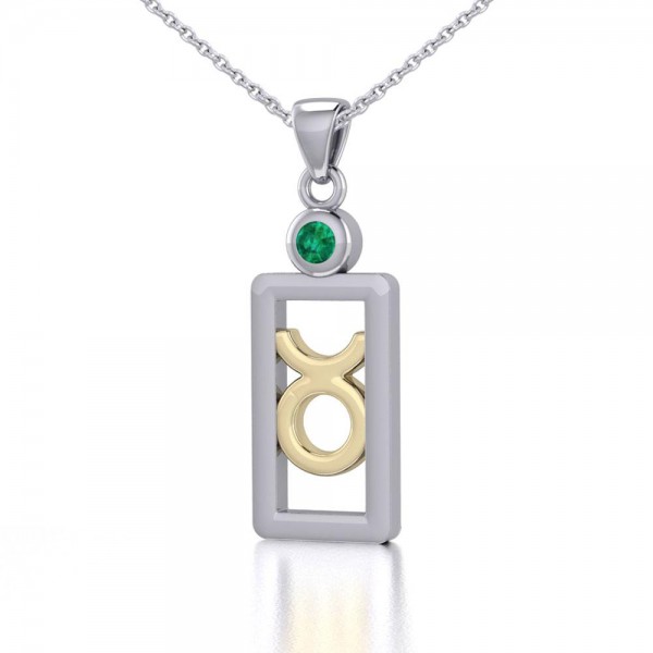 Taurus Zodiac Sign Silver and Gold Pendant with Emerald and Chain Jewelry Set