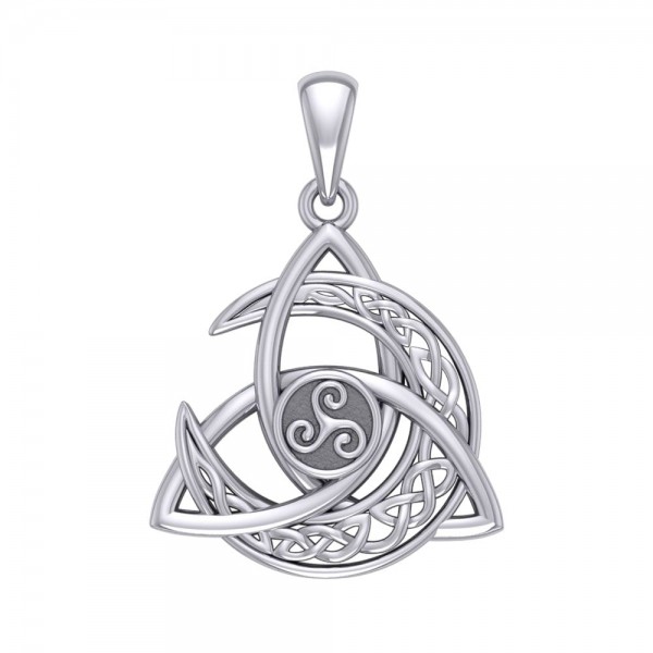 Trinity Knot with Celtic Crescent Moon and Triskele Silver Pendant