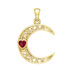 Celtic Crescent Moon with Heart Stone 14 Karat Solid Gold Pendant