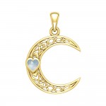 Celtic Crescent Moon with Heart Stone 14 Karat Solid Gold Pendant