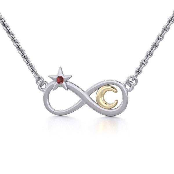 Infinity Moon and Star Silver and Gold Necklace with Gemstone