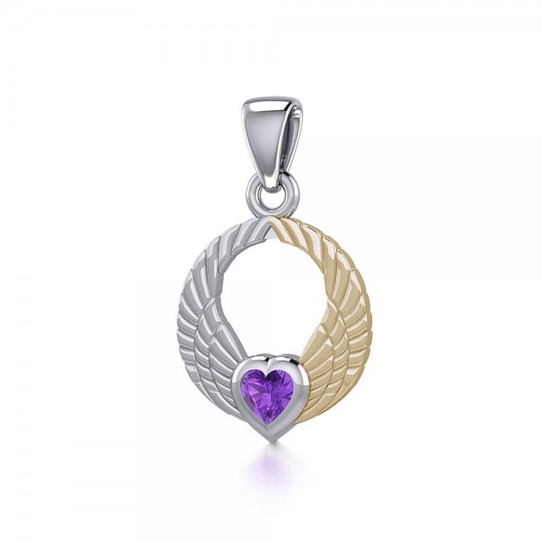 Double Angel Wings Silver and 14K Gold Plate Pendant with Gemstone