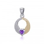 Double Angel Wings Silver and 14K Gold Plate Pendant with Gemstone