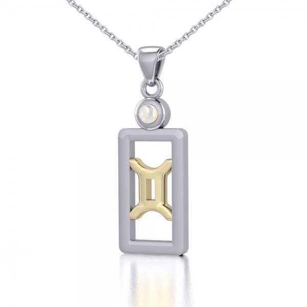 Gemini Zodiac Sign Silver and Gold Pendant with Mother of Pearl and Chain Jewelry Set