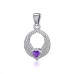 Double Angel Wings Silver Pendant with Gemstone