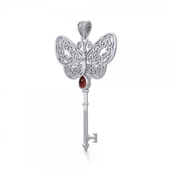 Celtic Butterfly Spiritual Enchantment Key Silver Pendant with Gem
