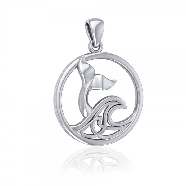 Sterling Silver Round Whale Tail Pendant with Celtic Wave
