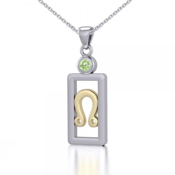 Leo Zodiac Sign Silver and Gold Pendant with Peridot and Chain Jewelry Set