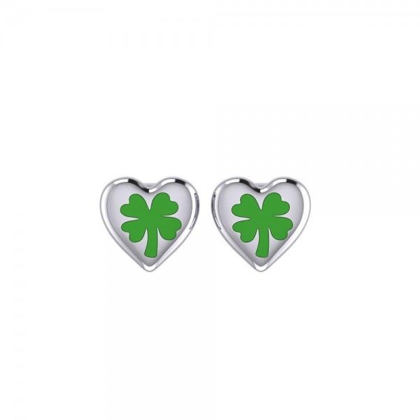 Lucky Heart Four Leaf Clover Silver Post Earrings with Enamel