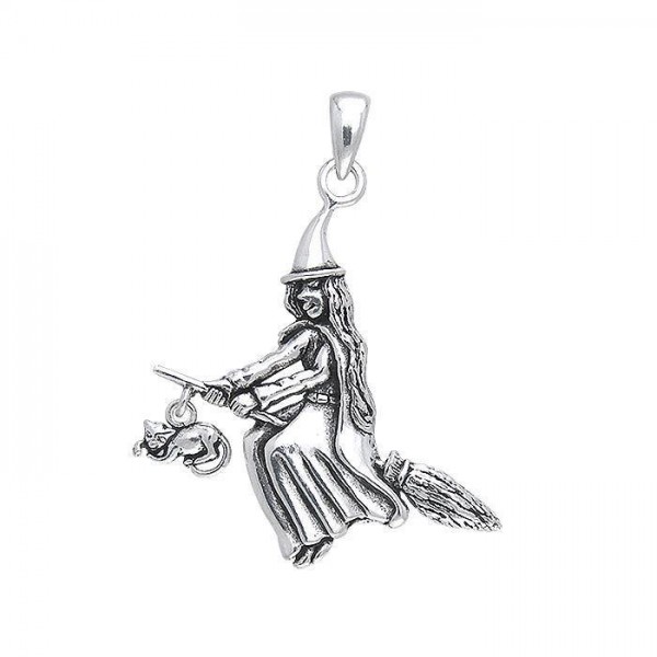 A bewitching moonlight ride ~ Sterling Silver Witch on Broomstick Pendant Jewelry