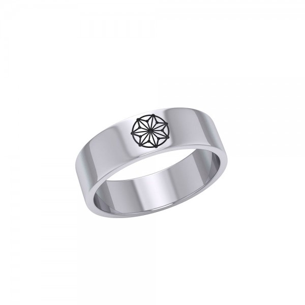 Round Tetragram Energy Symbol Silver Band Ring