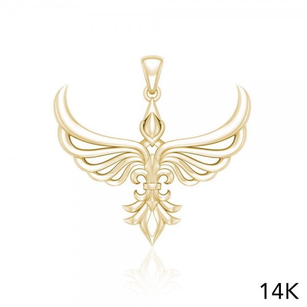 Phoenix with Fleur De Lis Solid Gold Pendant