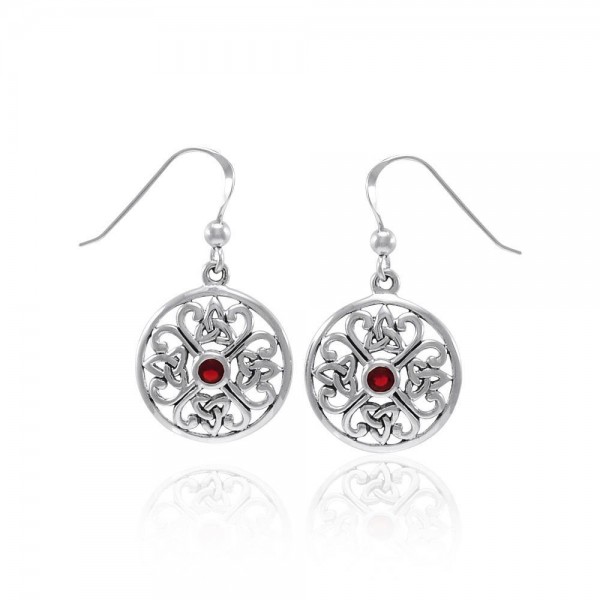 Celtic Trinity Knot Silver Round Earrings with Gemstone TER1389 - Ruby Glass