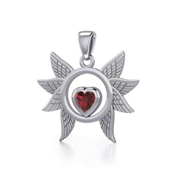 Spreading Angel Wings Silver Pendant with Gemstone