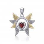 Spreading Angel Wings Silver and 14K Gold Plate Pendant with Gemstone