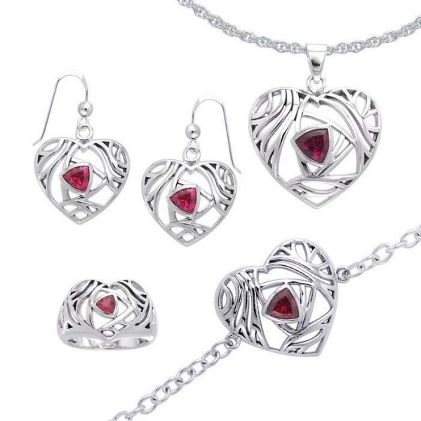 All you need is love ~ Sterling Silver Heart Jewelry Set with a Shimmering Gemstone