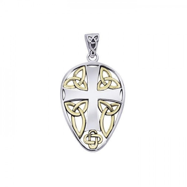Celtic Knotwork Cross Shield Gold Accent Silver Pendant