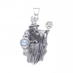 Wizard with The Pentacle Wand Silver Pendant