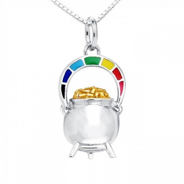 Unparalleled mystery of the pot of gold in a rainbow ~ Sterling Silver Goddess Danu Necklace Jewelry with 14k Gold accent