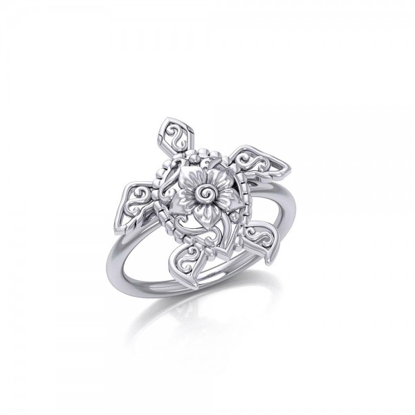 One meaningful step at a time Silver Sea Turtle Floral Filigree Ring