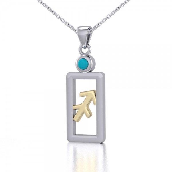 Sagittarius Zodiac Sign Silver and Gold Pendant with Turquoise and Chain Jewelry Set
