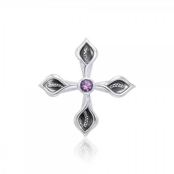 Calla Lily Cross Silver Pendant with Gemstone