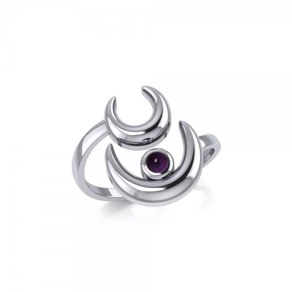 Double Crescent Moon Silver Wrap Ring with Gemstone