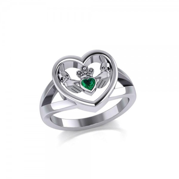 Claddagh in Heart Silver Ring with Gemstone