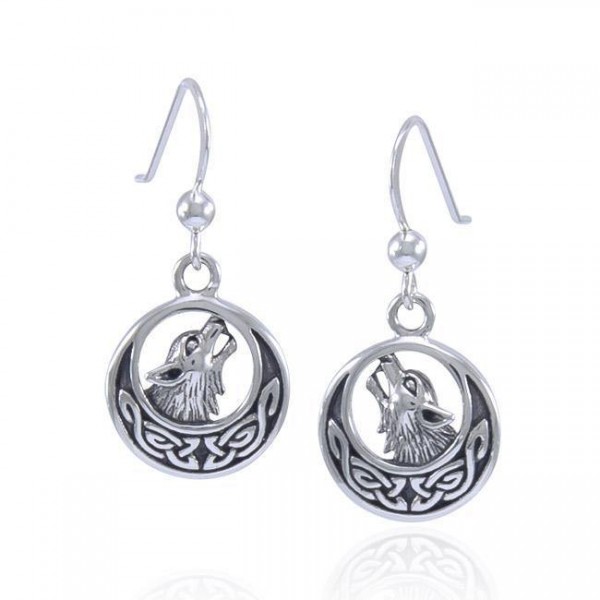 Celtic Crescent Moon Wolf Silver Earrings