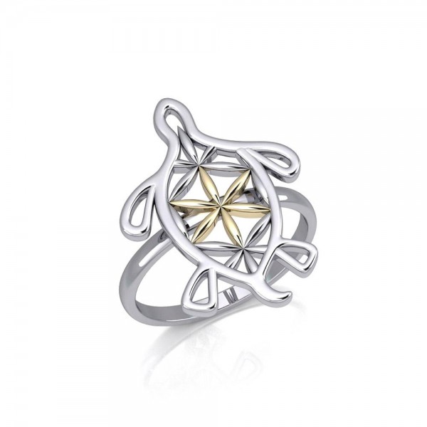 Turtle with Flower of Life Shell Silver and Gold Ring