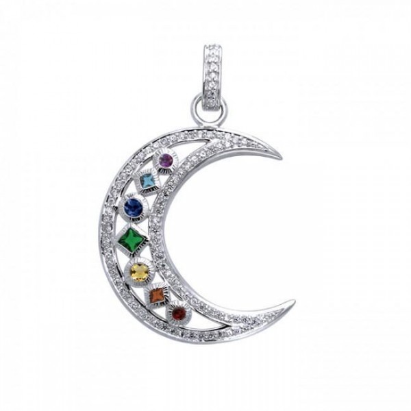 Chakra Moon Sterling Silver with Gemstones Pendant