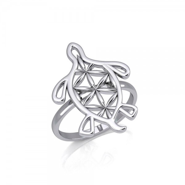 Turtle with Flower of Life Shell Silver Ring