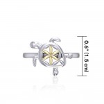 Swimming Turtle with Flower of Life Shell Silver and Gold Ring