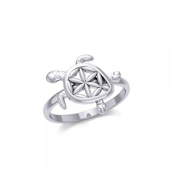 Swimming Turtle with Flower of Life Shell Silver Ring