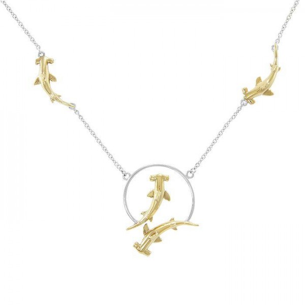 Quadruple Hammerhead Shark Sterling Silver and Gold Necklace