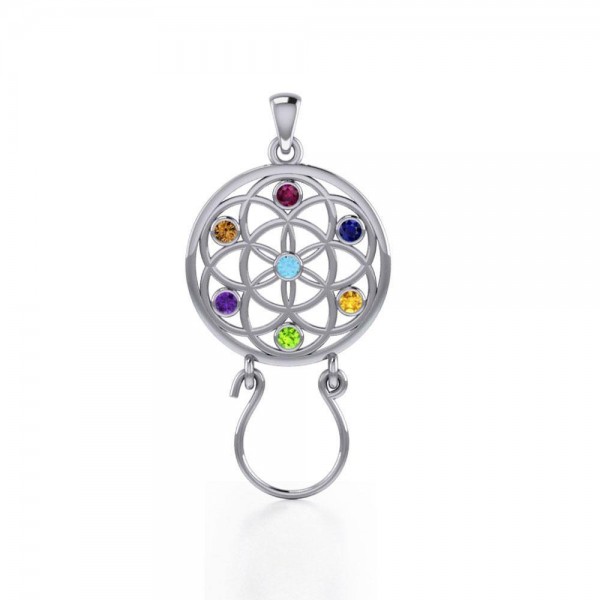 Flower of Life Silver Charm Holder Pendant with Chakra Gemstone