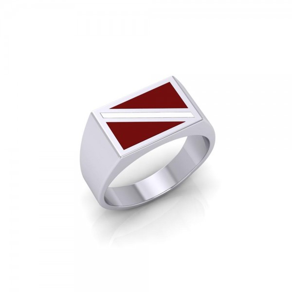 Red and White Dive Flag Silver Ring